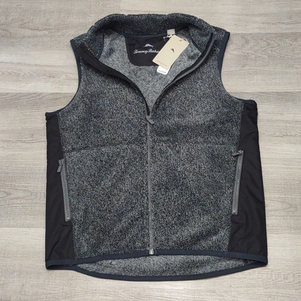 Tommy Bahama Cascade Fleece sleeveless VEST gray coal full zip Pockets Mens S - Picture 3 of 8